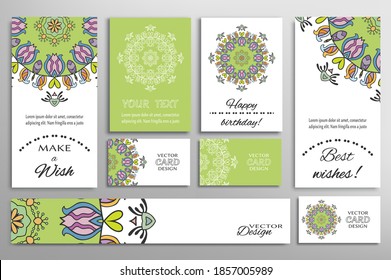 Big set of greeting Cards or wedding Invitations. Postcards template with inscription Make a Wish, Best Wishes, Happy Birthday. Banner, business cards with mandala ornament. Isolated design elements