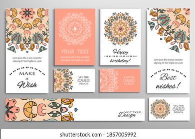 Big set of greeting Cards or wedding Invitations. Postcards template with inscription Make a Wish, Best Wishes, Happy Birthday. Banner, business cards with mandala ornament. Isolated design elements