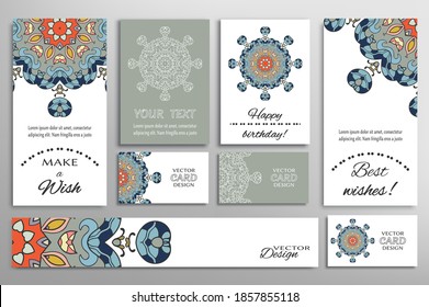 Big set of greeting Cards or wedding Invitations. Postcards template with inscription Make a Wish, Best Wishes, Happy Birthday. Banner, business cards with mandala ornament. Isolated design elements