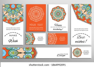 Big set of greeting Cards or wedding Invitations. Postcards template with inscription Make a Wish, Best Wishes, Happy Birthday. Banner, business cards with mandala ornament. Isolated design elements