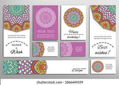 Big set of greeting Cards or wedding Invitations. Postcards template with inscription Make a Wish, Best Wishes, Happy Birthday. Banner, business cards with mandala ornament. Isolated design elements