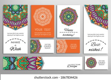 Big set of greeting Cards or wedding Invitations. Postcards template with inscription Make a Wish, Best Wishes, Happy Birthday. Banner, business cards with mandala ornament. Isolated design elements