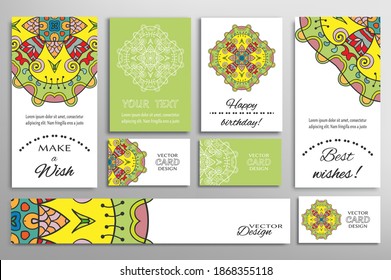 Big set of greeting Cards or wedding Invitations. Postcards template with inscription Make a Wish, Best Wishes, Happy Birthday. Banner, business cards with mandala ornament. Isolated design elements