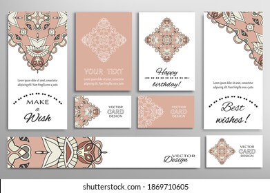 Big set of greeting Cards or wedding Invitations. Postcards template with inscription Make a Wish, Best Wishes, Happy Birthday. Banner, business cards with mandala ornament. Isolated design elements