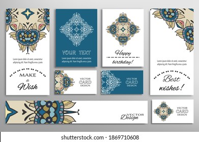 Big set of greeting Cards or wedding Invitations. Postcards template with inscription Make a Wish, Best Wishes, Happy Birthday. Banner, business cards with mandala ornament. Isolated design elements