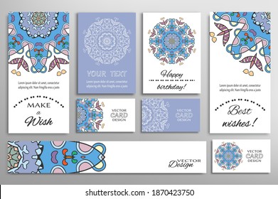 Big set of greeting Cards or wedding Invitations. Postcards template with inscription Make a Wish, Best Wishes, Happy Birthday. Banner, business cards with mandala ornament. Isolated design elements