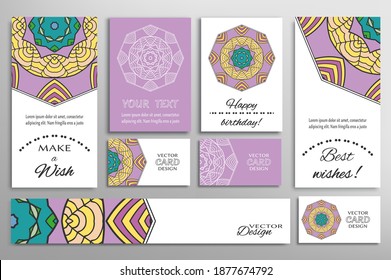 Gran juego de tarjetas de felicitación o invitaciones de boda. Plantilla de postales con inscripción Hacer un deseo, mejores deseos, cumpleaños feliz. Cartel, tarjetas de visita con ornamento mandala. Elementos de diseño aislados