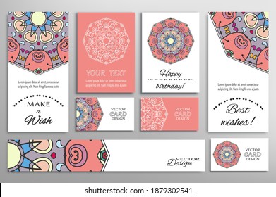 Big set of greeting Cards or wedding Invitations. Postcards template with inscription Make a Wish, Best Wishes, Happy Birthday. Banner, business cards with mandala ornament. Isolated design elements