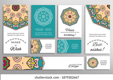 Big set of greeting Cards or wedding Invitations. Postcards template with inscription Make a Wish, Best Wishes, Happy Birthday. Banner, business cards with mandala ornament. Isolated design elements