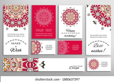 Big set of greeting Cards or wedding Invitations. Postcards template with inscription Make a Wish, Best Wishes, Happy Birthday. Banner, business cards with mandala ornament. Isolated design elements