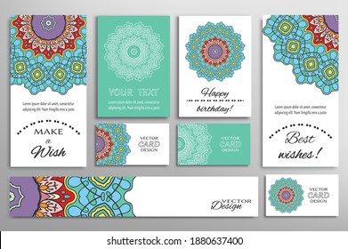 Big set of greeting Cards or wedding Invitations. Postcards template with inscription Make a Wish, Best Wishes, Happy Birthday. Banner, business cards with mandala ornament. Isolated design elements