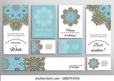 Big set of greeting Cards or wedding Invitations. Postcards template with inscription Make a Wish, Best Wishes, Happy Birthday. Banner, business cards with mandala ornament. Isolated design elements