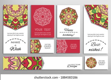Big set of greeting Cards or wedding Invitations. Postcards template with inscription Make a Wish, Best Wishes, Happy Birthday. Banner, business cards with mandala ornament. Isolated design elements