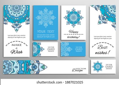 Big set of greeting Cards or wedding Invitations. Postcards template with inscription Make a Wish, Best Wishes, Happy Birthday. Banner, business cards with mandala ornament. Isolated design elements