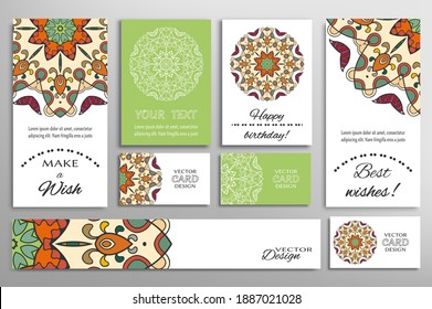 Big set of greeting Cards or wedding Invitations. Postcards template with inscription Make a Wish, Best Wishes, Happy Birthday. Banner, business cards with mandala ornament. Isolated design elements