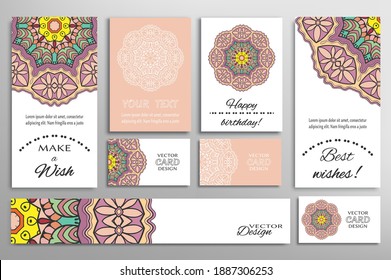 Big set of greeting Cards or wedding Invitations. Postcards template with inscription Make a Wish, Best Wishes, Happy Birthday. Banner, business cards with mandala ornament. Isolated design elements