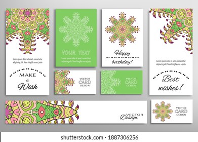 Big set of greeting Cards or wedding Invitations. Postcards template with inscription Make a Wish, Best Wishes, Happy Birthday. Banner, business cards with mandala ornament. Isolated design elements