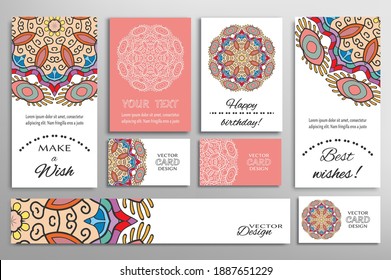Big set of greeting Cards or wedding Invitations. Postcards template with inscription Make a Wish, Best Wishes, Happy Birthday. Banner, business cards with mandala ornament. Isolated design elements