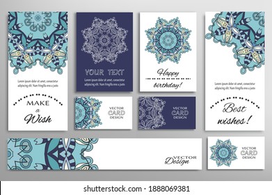 Big set of greeting Cards or wedding Invitations. Postcards template with inscription Make a Wish, Best Wishes, Happy Birthday. Banner, business cards with mandala ornament. Isolated design elements