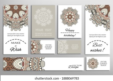 Big set of greeting Cards or wedding Invitations. Postcards template with inscription Make a Wish, Best Wishes, Happy Birthday. Banner, business cards with mandala ornament. Isolated design elements