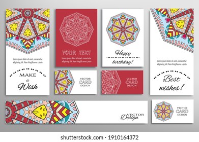 Big set of greeting Cards or wedding Invitations. Postcards template with inscription Make a Wish, Best Wishes, Happy Birthday. Banner, business cards with mandala ornament. Isolated design elements