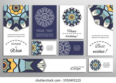 Big set of greeting Cards or wedding Invitations. Postcards template with inscription Make a Wish, Best Wishes, Happy Birthday. Banner, business cards with mandala ornament. Isolated design elements