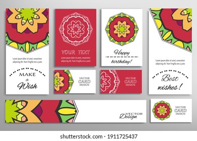 Big set of greeting Cards or wedding Invitations. Postcards template with inscription Make a Wish, Best Wishes, Happy Birthday. Banner, business cards with mandala ornament. Isolated design elements