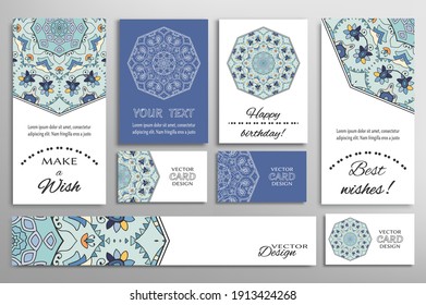 Big set of greeting Cards or wedding Invitations. Postcards template with inscription Make a Wish, Best Wishes, Happy Birthday. Banner, business cards with mandala ornament. Isolated design elements