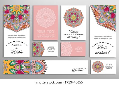 Big set of greeting Cards or wedding Invitations. Postcards template with inscription Make a Wish, Best Wishes, Happy Birthday. Banner, business cards with mandala ornament. Isolated design elements