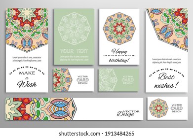Big set of greeting Cards or wedding Invitations. Postcards template with inscription Make a Wish, Best Wishes, Happy Birthday. Banner, business cards with mandala ornament. Isolated design elements