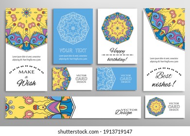 Big set of greeting Cards or wedding Invitations. Postcards template with inscription Make a Wish, Best Wishes, Happy Birthday. Banner, business cards with mandala ornament. Isolated design elements