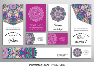 Big set of greeting Cards or wedding Invitations. Postcards template with inscription Make a Wish, Best Wishes, Happy Birthday. Banner, business cards with mandala ornament. Isolated design elements