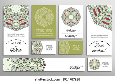 Big set of greeting Cards or wedding Invitations. Postcards template with inscription Make a Wish, Best Wishes, Happy Birthday. Banner, business cards with mandala ornament. Isolated design elements