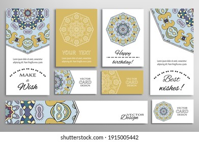 Große Auswahl an Grußkarten oder Hochzeitseinladungen. Postkarten-Vorlage mit Inschrift Machen Sie einen Wunsch, Beste Wünsche, Fröhlich Geburtstag. Banner, Visitenkarten mit Mandala-Ornament. Einzelne Design-Elemente