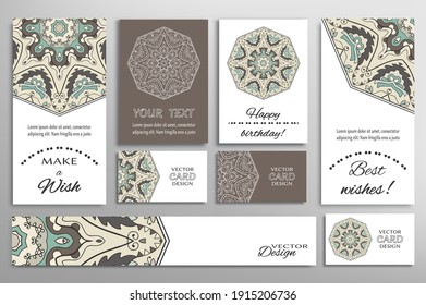 Big set of greeting Cards or wedding Invitations. Postcards template with inscription Make a Wish, Best Wishes, Happy Birthday. Banner, business cards with mandala ornament. Isolated design elements