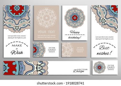 Big set of greeting Cards or wedding Invitations. Postcards template with inscription Make a Wish, Best Wishes, Happy Birthday. Banner, business cards with mandala ornament. Isolated design elements