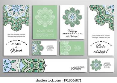 Big set of greeting Cards or wedding Invitations. Postcards template with inscription Make a Wish, Best Wishes, Happy Birthday. Banner, business cards with mandala ornament. Isolated design elements