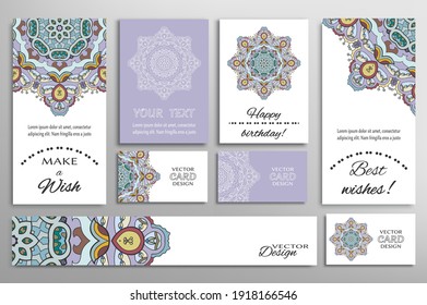 Gran juego de tarjetas de felicitación o invitaciones de boda. Plantilla de postales con inscripción Hacer un deseo, mejores deseos, cumpleaños feliz. Cartel, tarjetas de visita con ornamento mandala. Elementos de diseño aislados