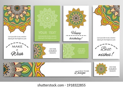 Big set of greeting Cards or wedding Invitations. Postcards template with inscription Make a Wish, Best Wishes, Happy Birthday. Banner, business cards with mandala ornament. Isolated design elements