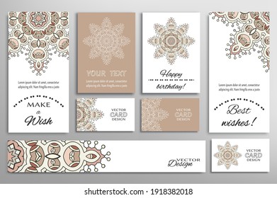 Big set of greeting Cards or wedding Invitations. Postcards template with inscription Make a Wish, Best Wishes, Happy Birthday. Banner, business cards with mandala ornament. Isolated design elements