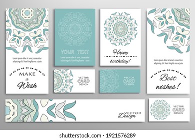Big set of greeting Cards or wedding Invitations. Postcards template with inscription Make a Wish, Best Wishes, Happy Birthday. Banner, business cards with mandala ornament. Isolated design elements
