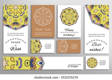 Big set of greeting Cards or wedding Invitations. Postcards template with inscription Make a Wish, Best Wishes, Happy Birthday. Banner, business cards with mandala ornament. Isolated design elements