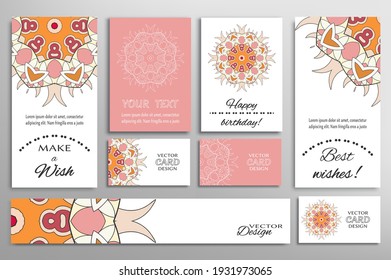 Big set of greeting Cards or wedding Invitations. Postcards template with inscription Make a Wish, Best Wishes, Happy Birthday. Banner, business cards with mandala ornament. Isolated design elements