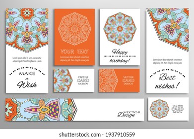Big set of greeting Cards or wedding Invitations. Postcards template with inscription Make a Wish, Best Wishes, Happy Birthday. Banner, business cards with mandala ornament. Isolated design elements