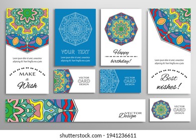 Big set of greeting Cards or wedding Invitations. Postcards template with inscription Make a Wish, Best Wishes, Happy Birthday. Banner, business cards with mandala ornament. Isolated design elements
