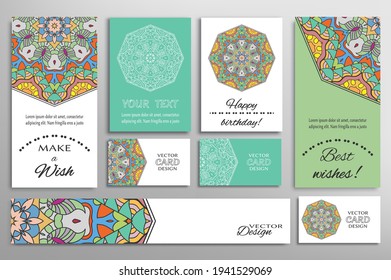 Big set of greeting Cards or wedding Invitations. Postcards template with inscription Make a Wish, Best Wishes, Happy Birthday. Banner, business cards with mandala ornament. Isolated design elements