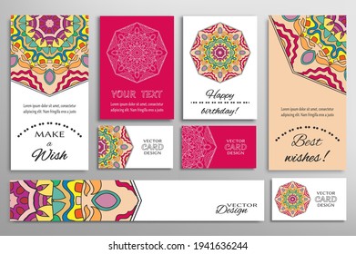 Big set of greeting Cards or wedding Invitations. Postcards template with inscription Make a Wish, Best Wishes, Happy Birthday. Banner, business cards with mandala ornament. Isolated design elements