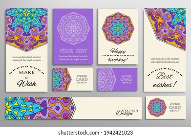 Big set of greeting Cards or wedding Invitations. Postcards template with inscription Make a Wish, Best Wishes, Happy Birthday. Banner, business cards with mandala ornament. Isolated design elements
