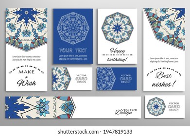 Gran juego de tarjetas de felicitación o invitaciones de boda. Plantilla de postales con inscripción Hacer un deseo, mejores deseos, cumpleaños feliz. Cartel, tarjetas de visita con ornamento mandala. Elementos de diseño aislados