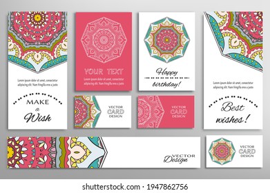 Big set of greeting Cards or wedding Invitations. Postcards template with inscription Make a Wish, Best Wishes, Happy Birthday. Banner, business cards with mandala ornament. Isolated design elements